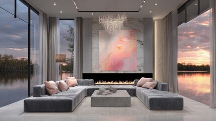 Modern Luxury Living Room With Sunset View