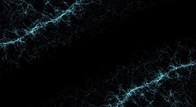 Futuristic plexus of glowing dots and lines on a black background. Wavy digital landscape illustrating data flow, communication, and network science