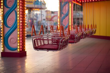 Empty colorful swing ride chairs at amusement park carnival during golden sunset light
