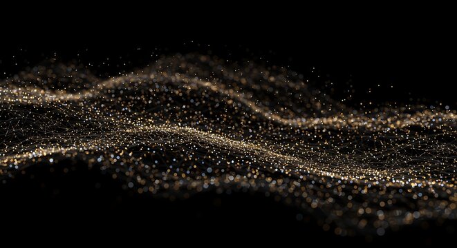 Luxurious gold and blue particle wave forming a complex digital mesh. Abstract background representing futuristic technology, energy, and connectivity