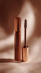 Luxurious cosmetic packaging of a bronzed-brown eye product with a helix brush applicator.