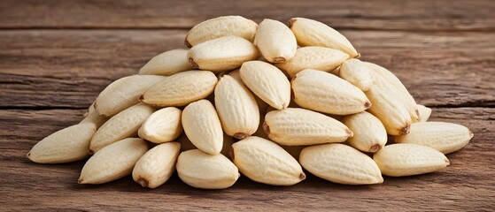 Blanched Almonds Pile Wooden Background Closeup