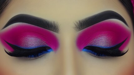 Bold pink and blue eyeshadow makeup look with black eyeliner detail.