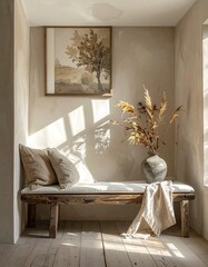 Interior corner with bench, art, dried flowers, and window light