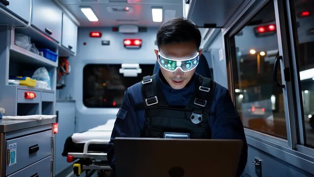 Emergency Medical Technician Using Advanced Technology in Ambulance at Night