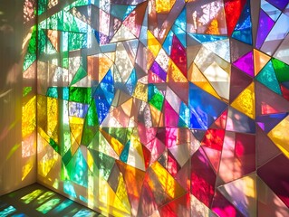 Bright stained glass window casting colorful light patterns on a corner, concept of illumination