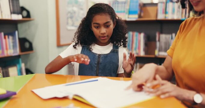 Girl, tutor and high five at library with education, support and counting for solution with math homework. Child, woman and writing notes with book, goals or celebration for development with learning