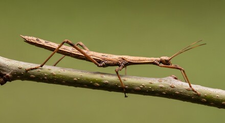 A light brown stick insect, slender and elongated, crawls along a thin twig against a blurred olive-green background. Its six legs are splayed, and its body is subtly patterned