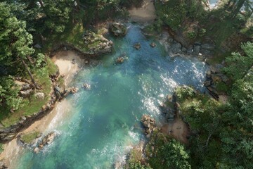 Overhead shot of a tranquil coastal cove with clear turquoise water, rocks, and lush greenery