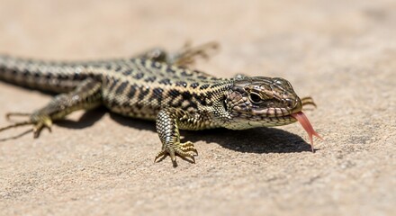 Naklejka premium A small lizard with dark mottled patterning on its back and sides, light underbelly, and a pink tongue extended, rests on a light brown, sandy textured surface