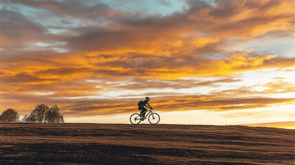 Silhouette of person cycling along horizon with spectacular sunset sky. Lone bicycle rider traversing open landscape against backdrop of vibrant orange and golden clouds during evening twilight.