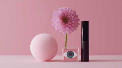 Creative beauty still life with a black mascara tube, a shimmer product, a pink puff, and a chrysanthemum.