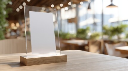 Blank Acrylic Menu Display on Wooden Table in Bright Restaurant Setting.