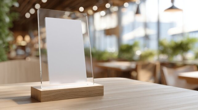 Blank Acrylic Menu Display on Wooden Table in Bright Restaurant Setting.