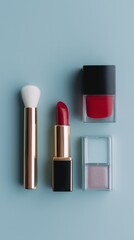 Flat lay beauty shot featuring classic makeup products