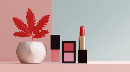 Modern cosmetic still life featuring a red leaf accent and beauty products with strong geometric lines and contrasting colors.