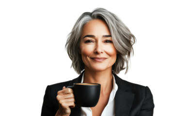 Drinking coffee, smiling woman with gray hair on Transparent Background