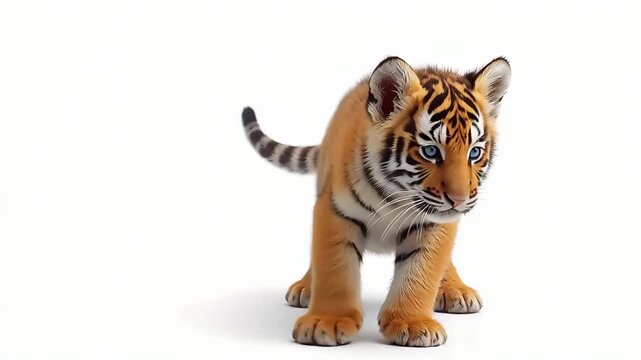 Cute small tiger cub on a white background suitable for childrens book illustrations, educational resources, wildlife conservation campaigns, and social media posts.