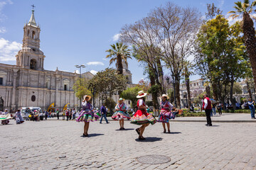 Photographs and postcards of Arequipa's Plaza de Armas and its streets in Peru's White City, a vacation destination with stunning views of volcanoes and Andean snow-capped mountains.