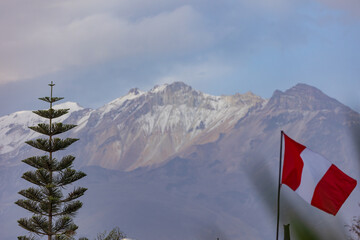 Photographs of the Yanahuara viewpoint in Arequipa, and its streets in the White City of Peru, panoramic view of the Misti and Chachani volcanoes