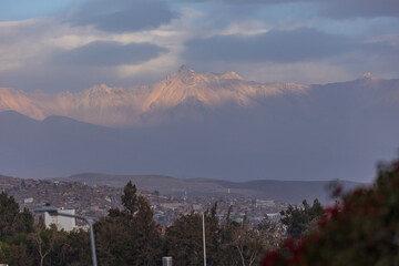 Photographs of the Yanahuara viewpoint in Arequipa, and its streets in the White City of Peru, panoramic view of the Misti and Chachani volcanoes