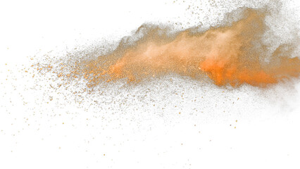Fototapeta premium Orange powder dust cloud overlay PNG isolated on transparent background