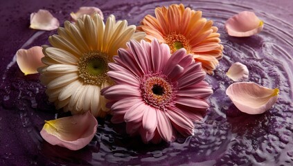 Three colorful gerbera daisies and scattered petals float on a rippled, deep purple surface