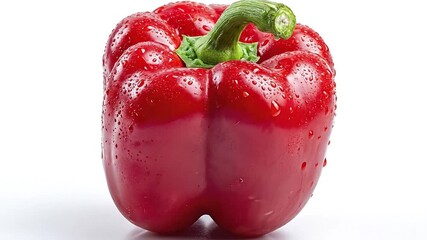 A vibrant, fresh red bell pepper stands prominently, glistening with refreshing water droplets against a clean white background. The crisp green stem perfectly complements the rich red hue, emphasizin