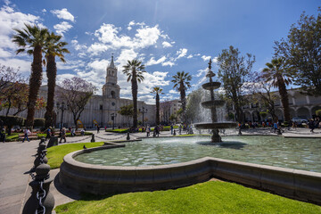 Photographs and postcards of Arequipa's Plaza de Armas and its streets in Peru's White City, a vacation destination with stunning views of volcanoes and Andean snow-capped mountains.