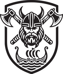 Fierce Viking Head Shield Emblem with Axes and Longship