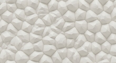Abstract white 3D surface with a distorted polygonal pattern. A clean, minimalist background with geometric cell-like structures for modern design