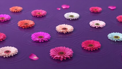 Vibrant gerbera daisies float on a serene, reflective purple surface. Petals scattered