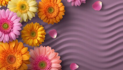 Colorful gerbera daisies on a textured lavender background, with floating petals
