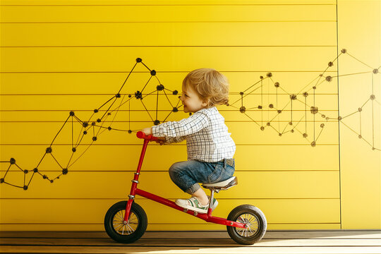 Child riding red balance bike against yellow wall with financial data chart. Early development concept visualizing growth statistics with toddler transportation symbolizing progress forward.