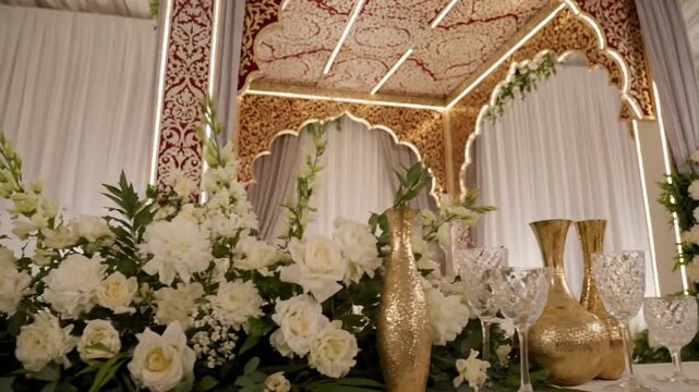 Elegant Indoor Mandap Setup for Hindu Wedding Ceremony with Floral Decoration	