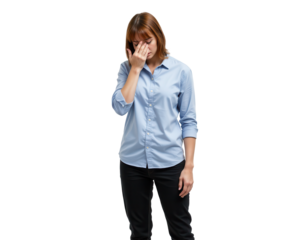 Woman in Light Blue Shirt Expressing Frustration and Disappointment
