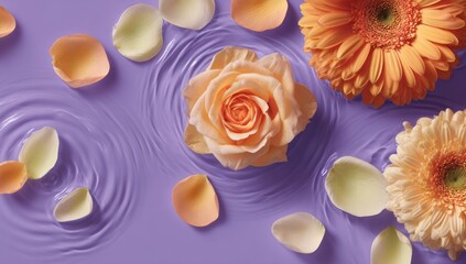 Floral arrangement with roses, gerbera daisies, and petals floating on rippled purple
