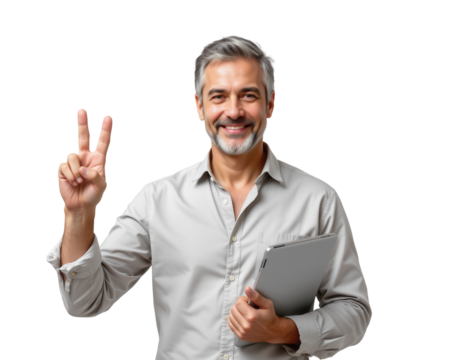 Businessman Smiling and Making Peace Sign with Tablet in Hand - Powered by Adobe