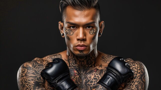 Muscular asian fighter in black fingerless gloves assumes a fierce fighting stance for battle