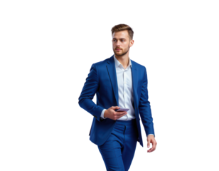 Confident business man walking with smartphone in stylish suit