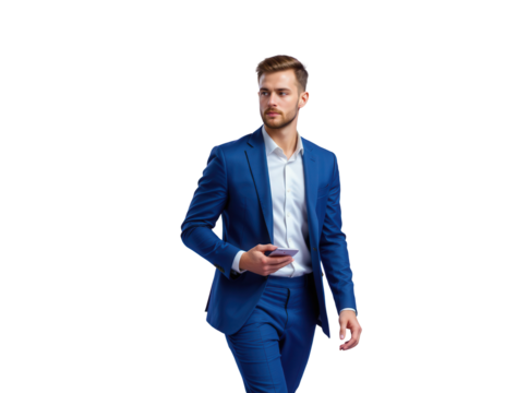 Confident business man walking with smartphone in stylish suit