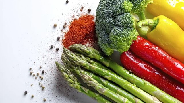A vibrant overhead shot displays an appetizing array of fresh, colorful vegetables and aromatic spices arranged on a clean white surface. Crisp green asparagus spears, a lush head of broccoli, and bri