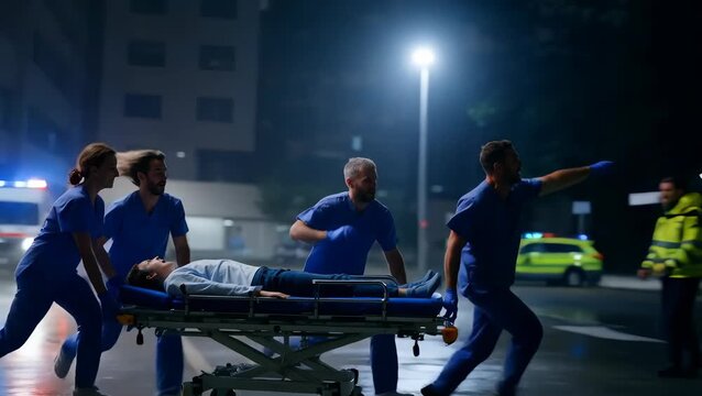 Emergency Medical Response Team Rushing Patient to Hospital at Night