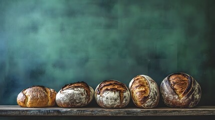 Artisan Breads on Rustic Wooden Shelf Green Background