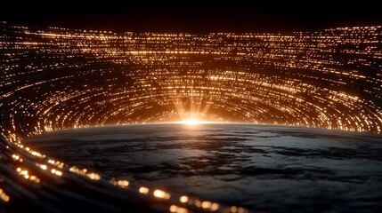 Abstract data flow visualization over the earth with network connections and bright light