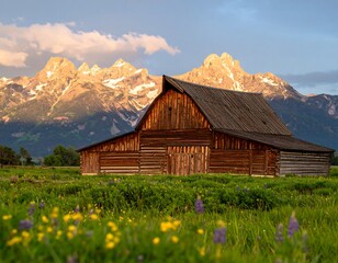 Rustic barn nestled in a meadow, majestic mountains in the background
