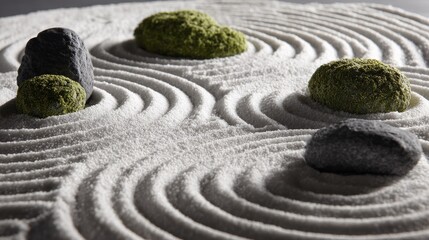 Obraz premium Mini zen garden on slate, close-up of swirling sand patterns and mossy stones in perfect calm.
