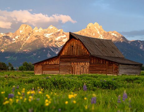 Rustic barn nestled in a meadow, majestic mountains in the background - Powered by Adobe