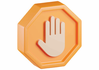 A three-dimensional orange stop sign featuring a raised hand symbol.