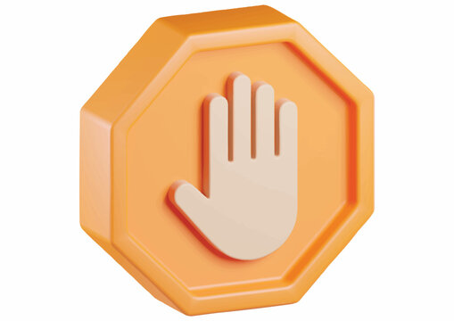 A three-dimensional orange stop sign featuring a raised hand symbol.
